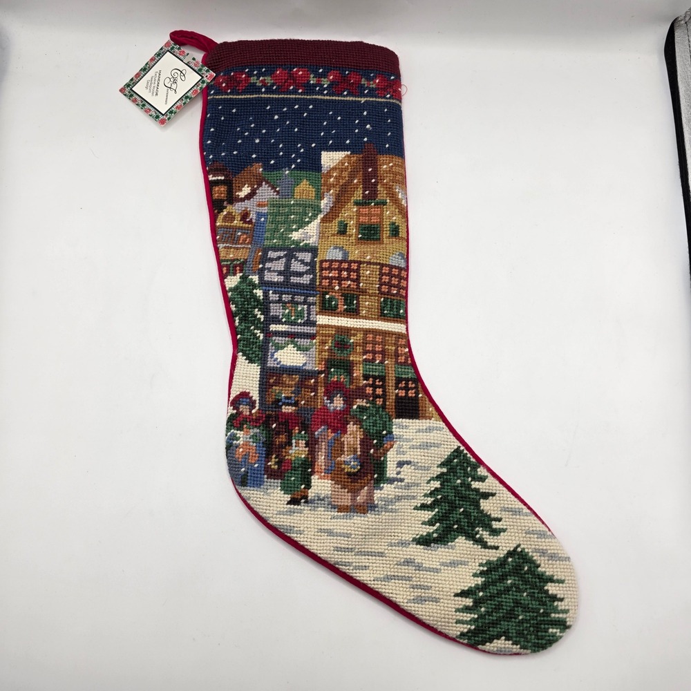 C&F Enterprises Needlepoint Christmas Stocking Village Carolers Wool Vintage Red